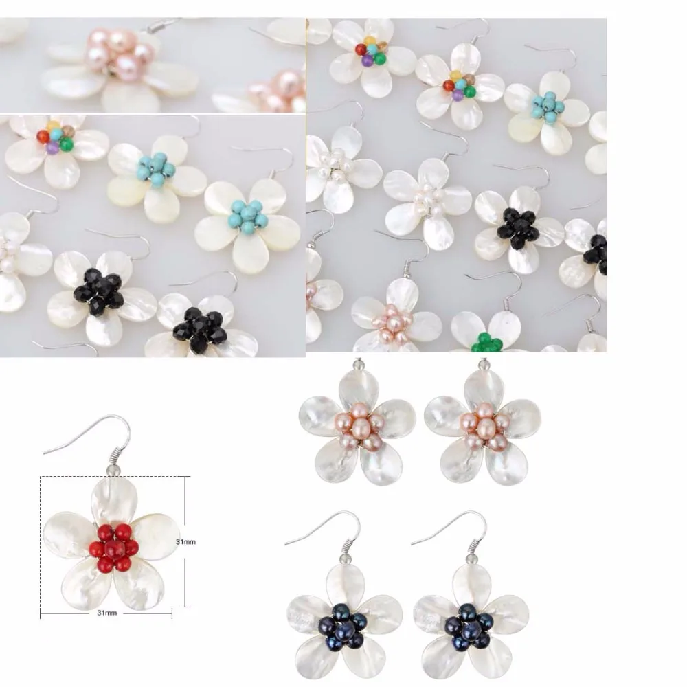 

LJHMY White Sea Shell Pearl Flower Cluster Earrings Handmade Dangle for Women More Colors Boho Earrings Korean Fashion