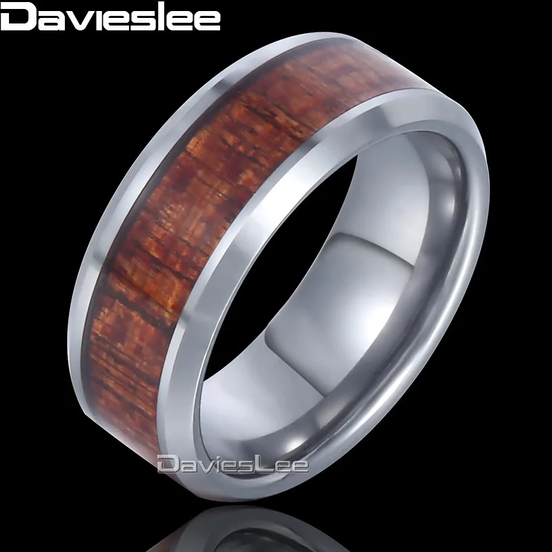

Davieslee Wood Inlay Band Ring Mens Boys Wedding Engagement Tungsten Carbide Silver 8mm DTR15