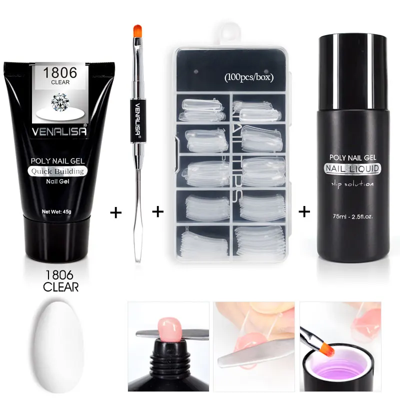 45g VENALISA بولي هلام مجموعات الفرنسية مسمار الفن واضح التمويه اللون مسمار تلميح شكل الكريستال الأشعة فوق البنفسجية هلام Polygel شريحة فرشاة جيل للأ...