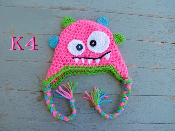 

Newborn Photography Props Cute Baby Hat Cartoon Handmade Knitted Crochet Monster Baby Hat With Ear Flap Baby Winter Cap