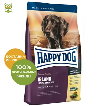 

Happy Dog Supreme Sensible Irland food for adult dogs of all breeds with sensitive skin, Salmon and rabbit, 12.5 kg.