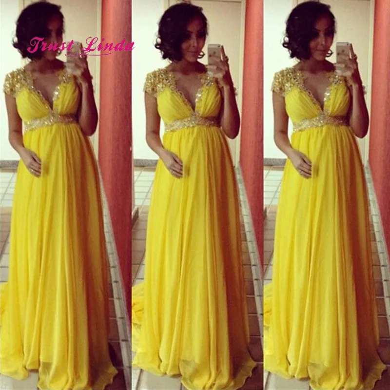 Длинное платье для свадебной вечеринки для женщин с v-образным вырезом до пола, в Имперском стиле, приталенные платья на выпускной для беременных Abiti Madre Ella Sposa - Цвет: Цвет: желтый