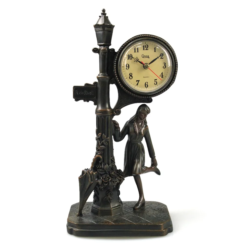 

14" Romantic Street Lamp Sculptural Mantel Clock Bronzed Finish Table Quartz Antique Clock Art Statue Home Decor 34cm tall