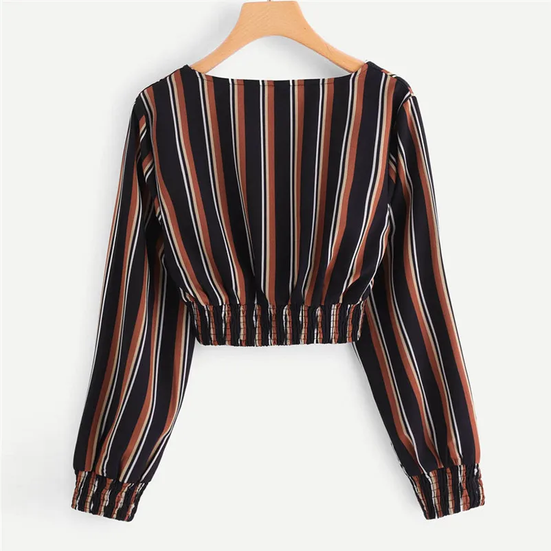 Fashion womens tops and blouses summer Autumn 2018 V Neck Long Sleeve Striped Blouse Tops Clothes Shirt camicette Y30#N  (2)