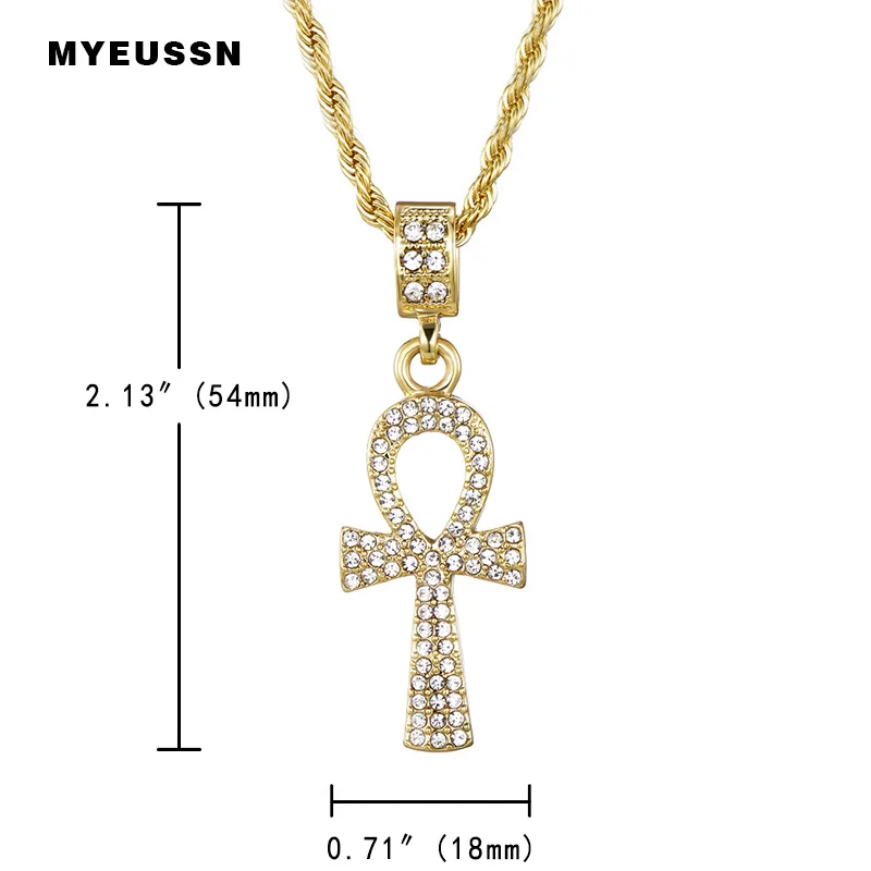 Подвеска из сплава с крестом для мужчин, золото/серебро, ключ жизни, египетское ожерелье с подвеской в стиле хип-хоп, ювелирное изделие со льдом, кристалл, браслет, побрякушка