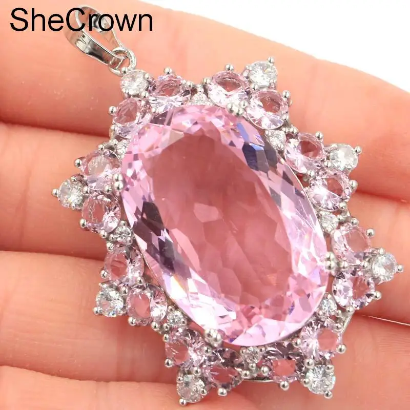 

Elegant Pink Tourmaline, White CZ Woman's 925 Gold Silver Pendant 23x16mm