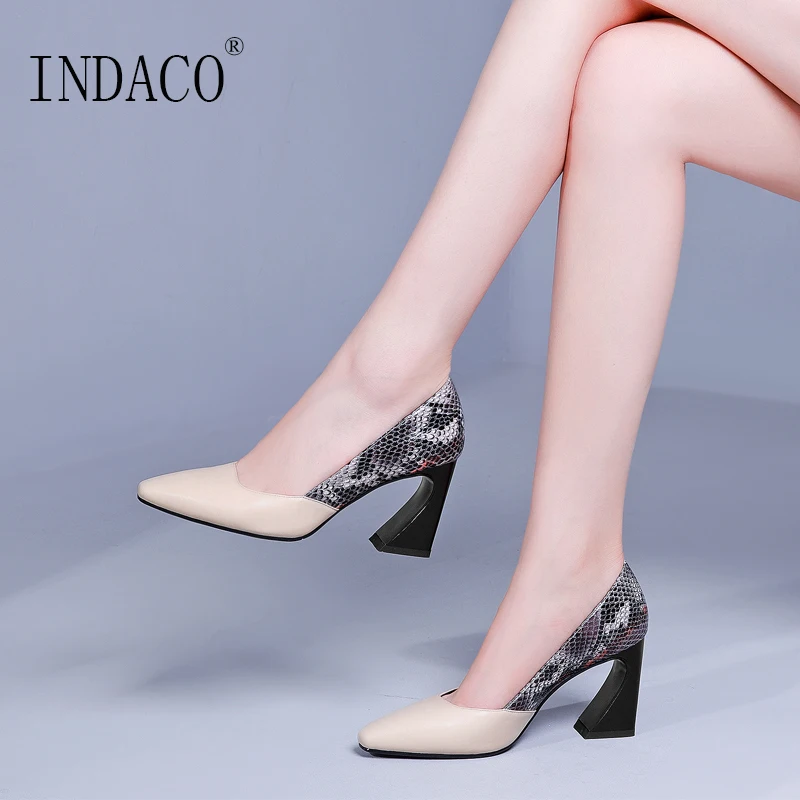 

2019 High Heel Pumps Women Shoes Genuine Leather Snake Print Fashion Shoes 8cm
