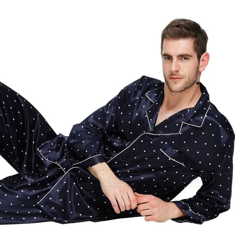 Мужские шелковые атласные пижамы Комплект пижамный комплект пижамы комплект домашней одежды США, S, M, L, XL, XXL, 4XL - Цвет: Navy  Blue