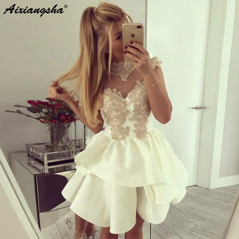 

Gorgeous vestidos de fiesta de noche A-Line High Neck Appliques Lace Sweetheart Party Graduation Dresses Ivory Short Prom Dress