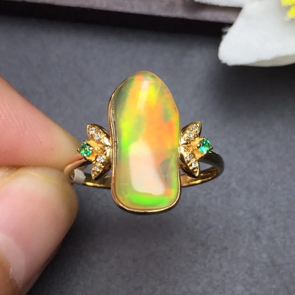 

Fine Jewelry Customized Size Real 18K Yellow Gold AU750 100% Natural Golden Opal Gemstone Female Rings for Women Fine Ring
