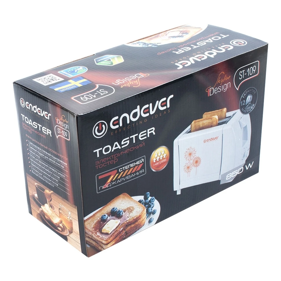 Тостер Endever Skyline ST-109 (Мощность 850 Вт, 7 уровней поджаривания, съемный поддон, термоизолированный корпус)