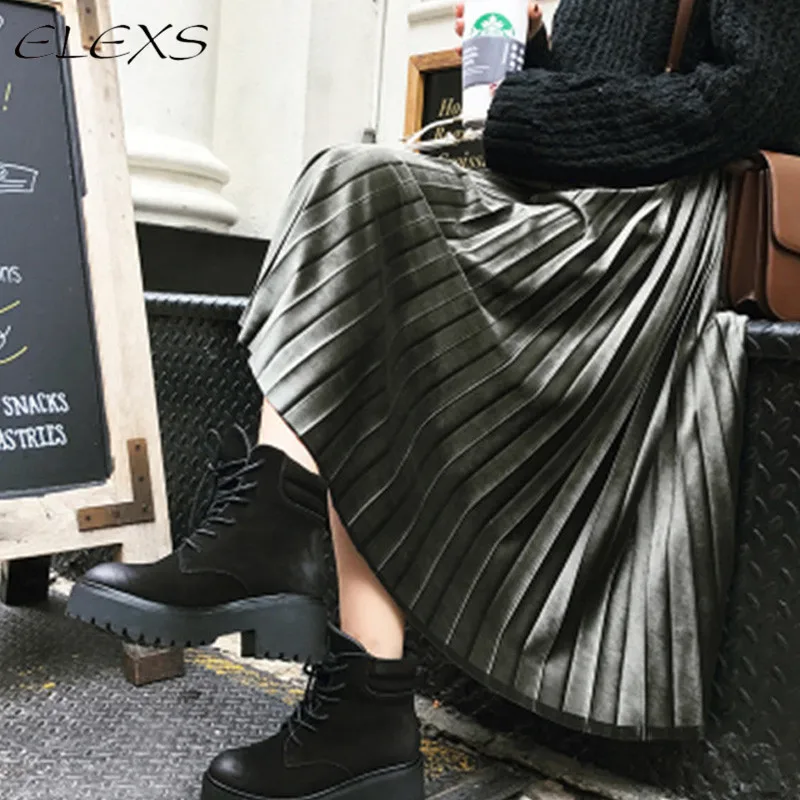 ELEXS, S-6XL, осенняя винтажная юбка, женская зимняя бархатная плиссированная юбка с высокой талией, размера плюс, E7936