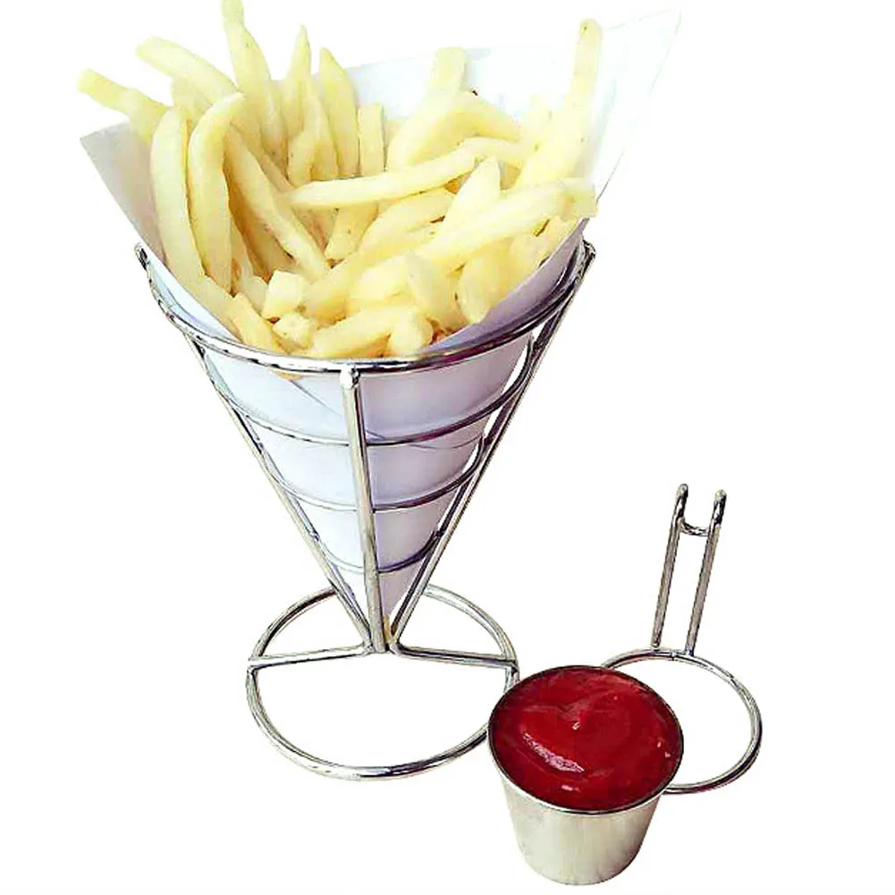 2Pcs/Set French Fries Chip Cone Holder Fry Fries Bowl Metal Wire