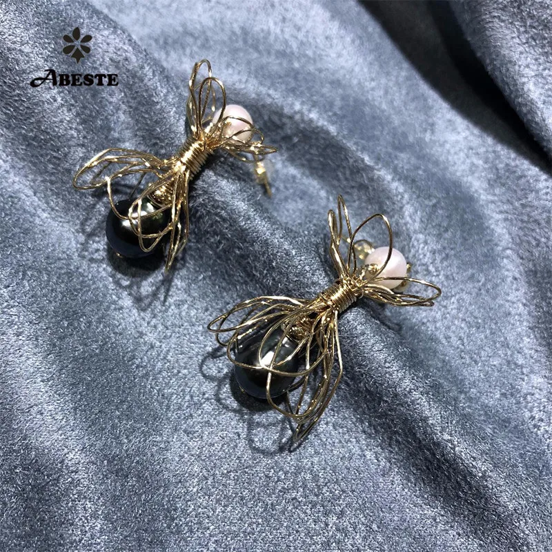 

ANI 14K Roll Gold Handmade Women Drop Earring Natural Freshwater White Pearl Earring Dangle boucle d oreille Tahiti Black Pearl