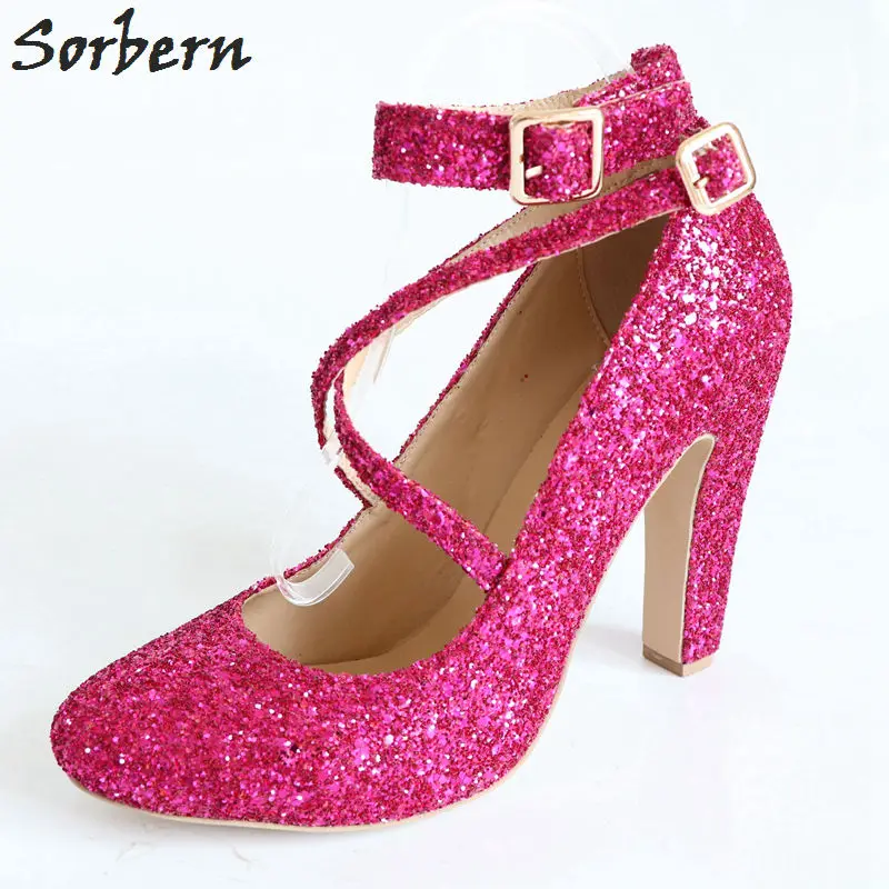 

Sorbern Fuchsia Glitter Women Pumps Round Toe Cross Straps Chunky High Heels Pumps Shoes Women Square Heeled Plus Size 46 Shoes