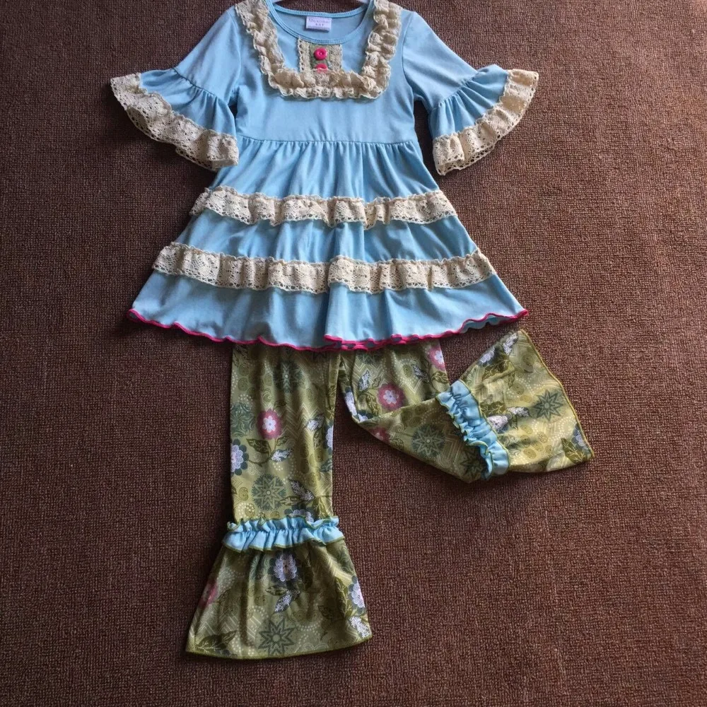 

Fall Hot Sale 100% Cotton Lace Ruffles Flare Pants Casual Cute Baby Girl Sets Children Clothing Infant Apparel Kids Accessory