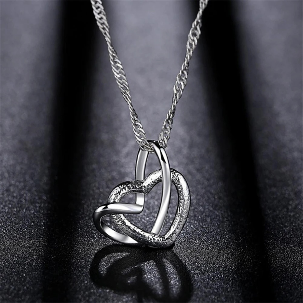 Women Fashion Double Hollow Love Heart Pendant Necklace Chain Jewelry