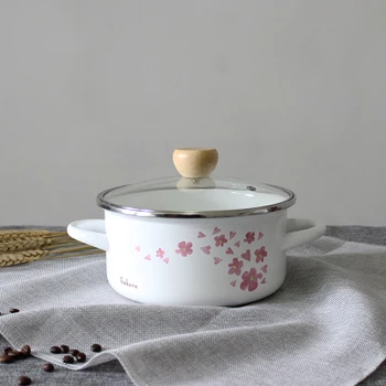 

Porcelain enamel Japanese sakura baby milk soup rice paste pot cherry small saucepot wood handle home induction stew cooker