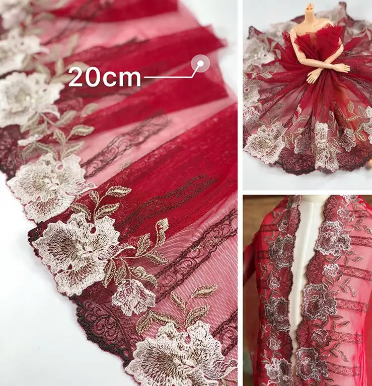 

1 Meter Floral Handmade DIY Clothing Lace Accessories Embroidery Lace Fabrics Curtains Sofa Sewing Burgundy Lace Trim 20cm