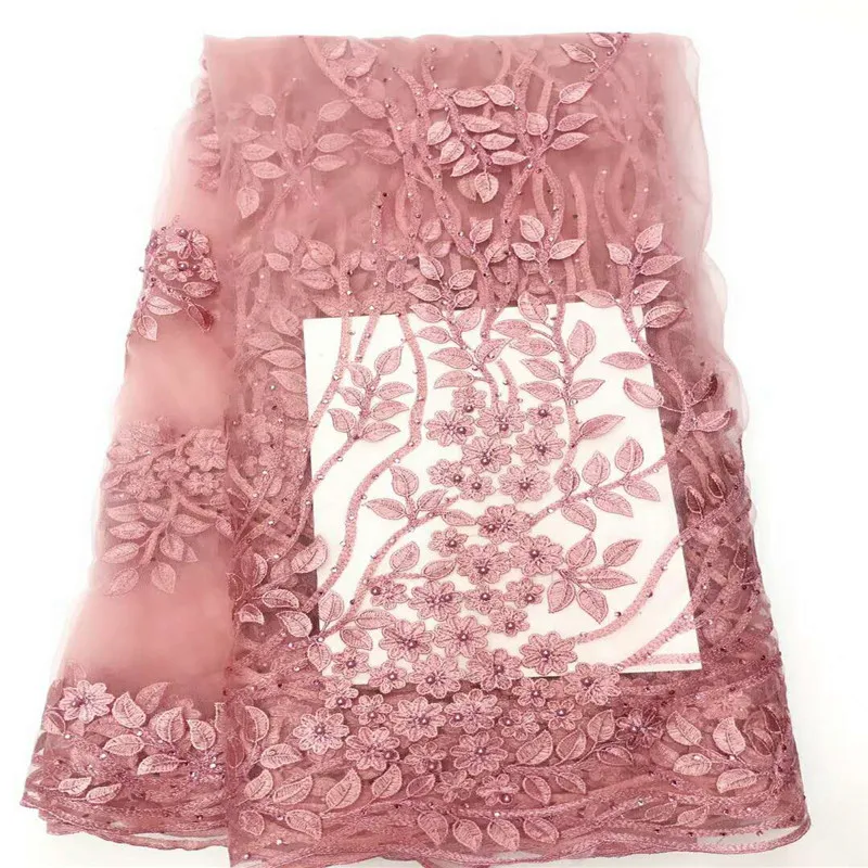 

Nigerian Lace Fabrics Pink Beaded Stones Tulle Fabric African French Embroidered Lace Fabric For Aso Ebi Wedding Guest X744-1