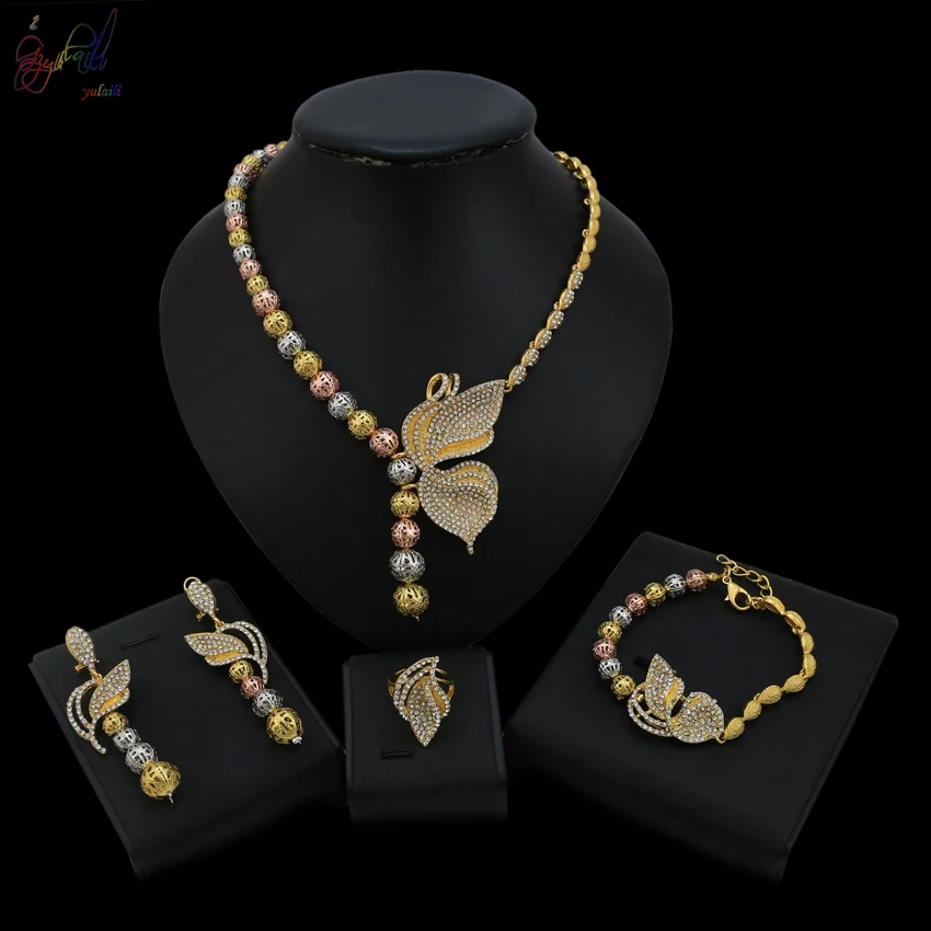

YULAILI New Coming Butterfly Design Pure Gold Color Jewelry Set for Women Necklace Earrings Bracelet Ring Set