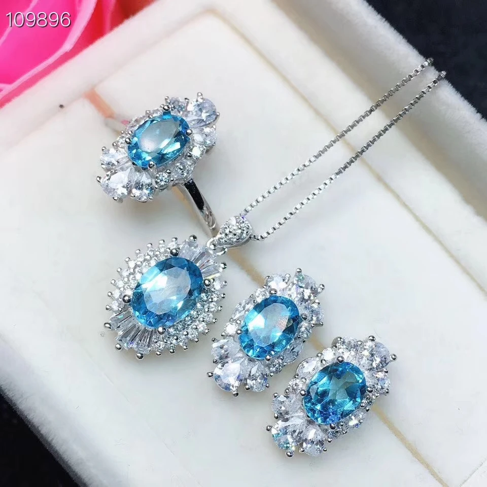 

KJJEAXCMY boutique jewels 925 sterling silver inlaid natural blue topaz women's Ring Pendant Earring Set support detection