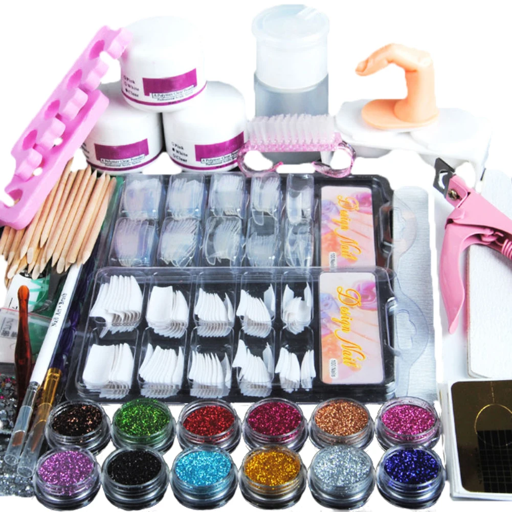 Nail Art Kit Acrylic Powder Glitter Rhinestones Brush File Manicure Tool Set | Красота и здоровье