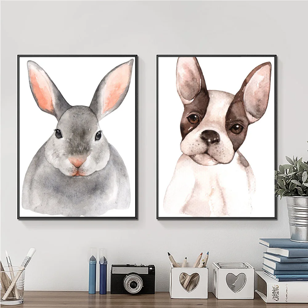 Cute Animal Canvas Painting Printings Gray Rabbit Puppy Wall Art Pic
