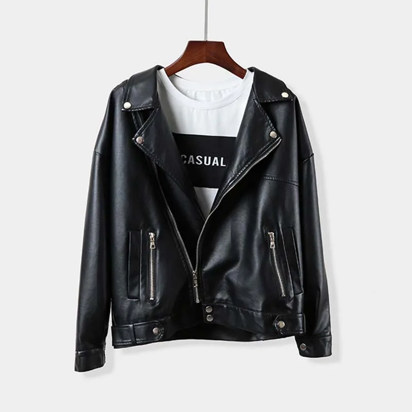 NiceMix Autumn Spring Black Leather Jacket Turn-down Collar Slim PU women jacket Harajuku BF feminine coat Faux Leather Basic