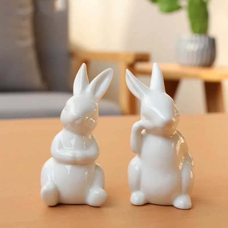 

White mini ceramic couple little lovely cute rabbit hare ornament for home decoration
