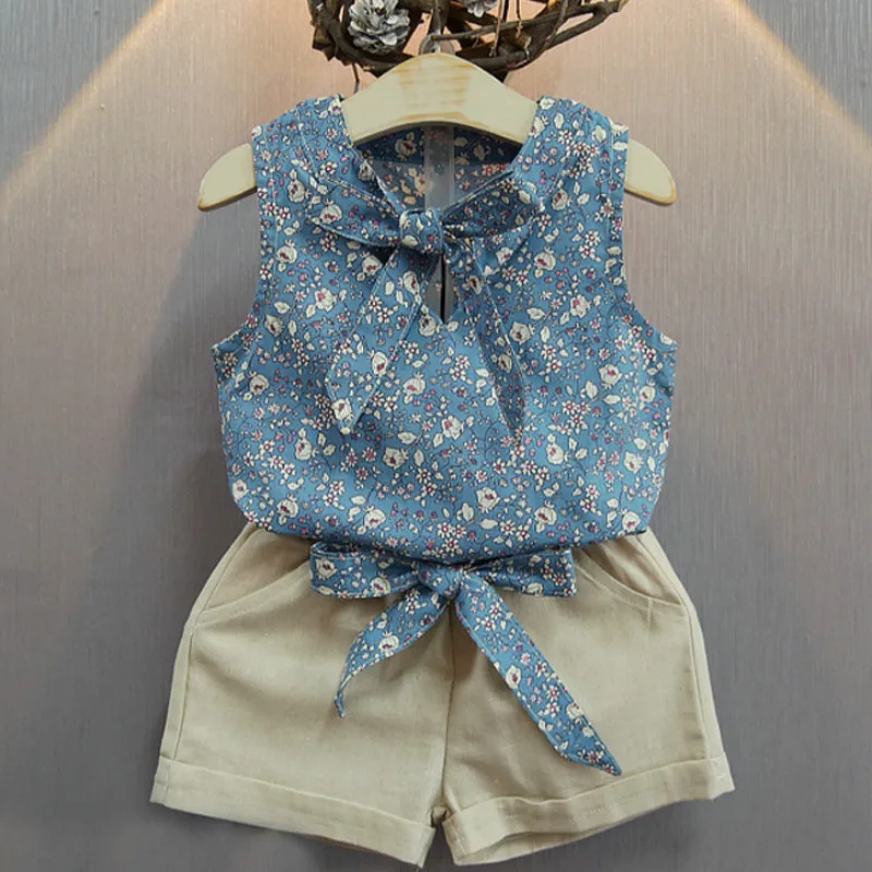 

2018 New Girls Flower Printing Costume Vest + Pure Color Pants Baby Girl Suit Kids Clothes Fashion Style Girl Clothing Set Hot