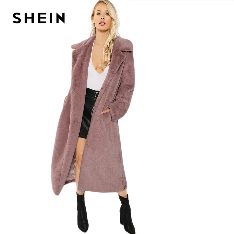 SHEIN Rosa Oficina señora elegante abierto frente largo piel sintética Teddy sólido abrigo 2018 otoño minimalista mujeres abrigos ropa de abrigo - 6
