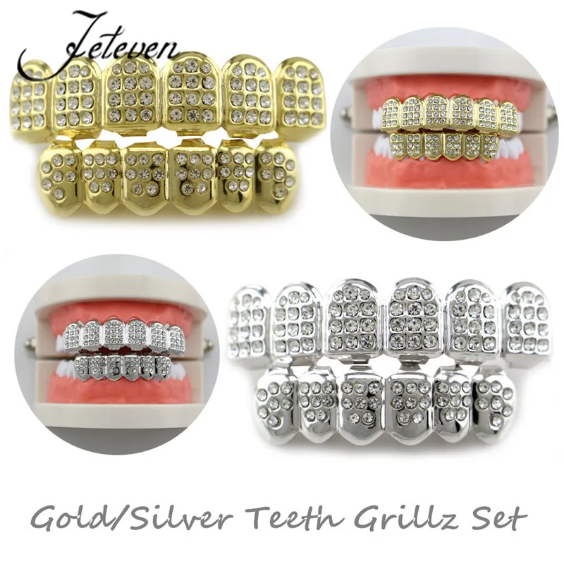 Hiphop Gold Teeth Cap Rhinestone Top & Bottom Teeth Set Bling Shiny