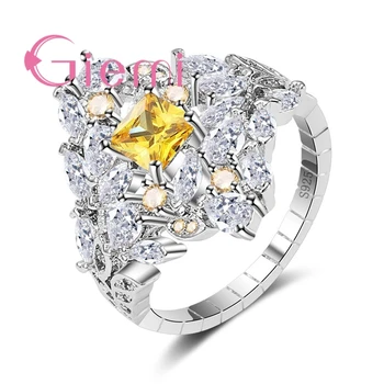 

New Design Square Yellow Crystal Ring For Lady Fashion Statement Party Accessories 100% Pure Silver Crystal New Gifts