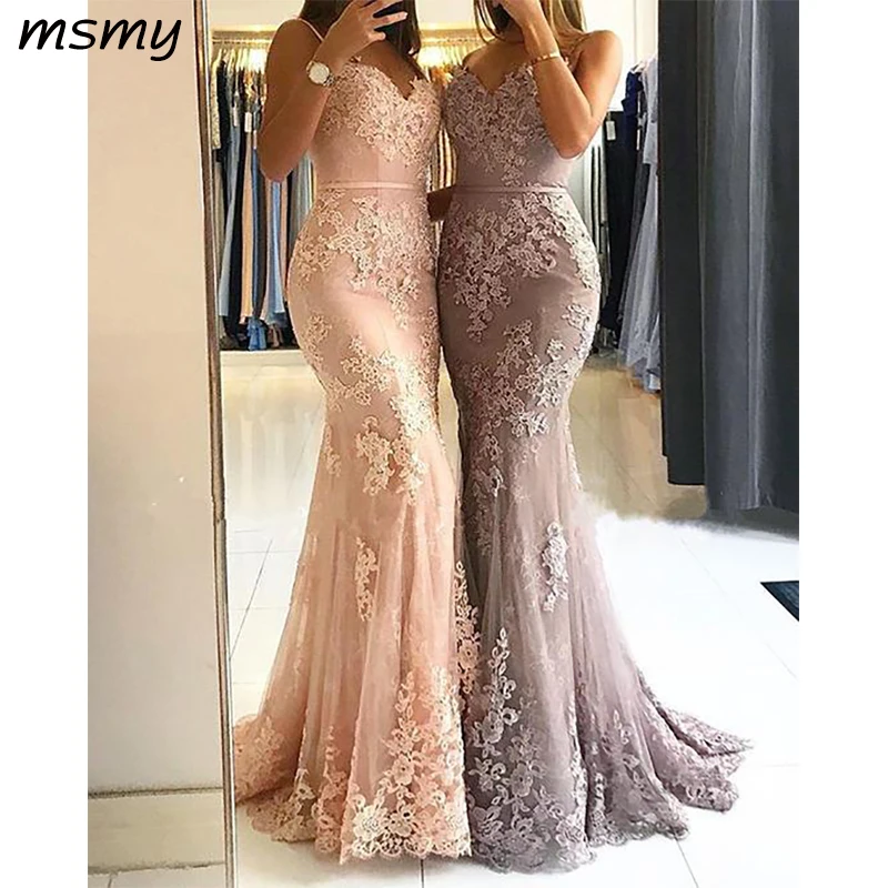 Elegant Mermaid V-neck Evening Gowns Floor Length Lace Prom Dresses 169