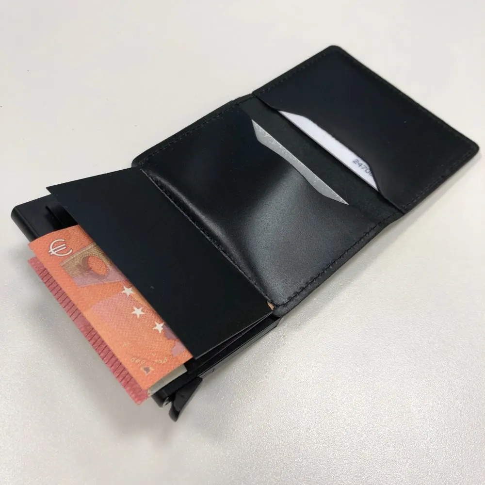 RFID Blocking 100% Genuine Leather Credit Card Holder Aluminum Metal Business ID Cardholder Slim Card Case Mini Wallet for Men photo review
