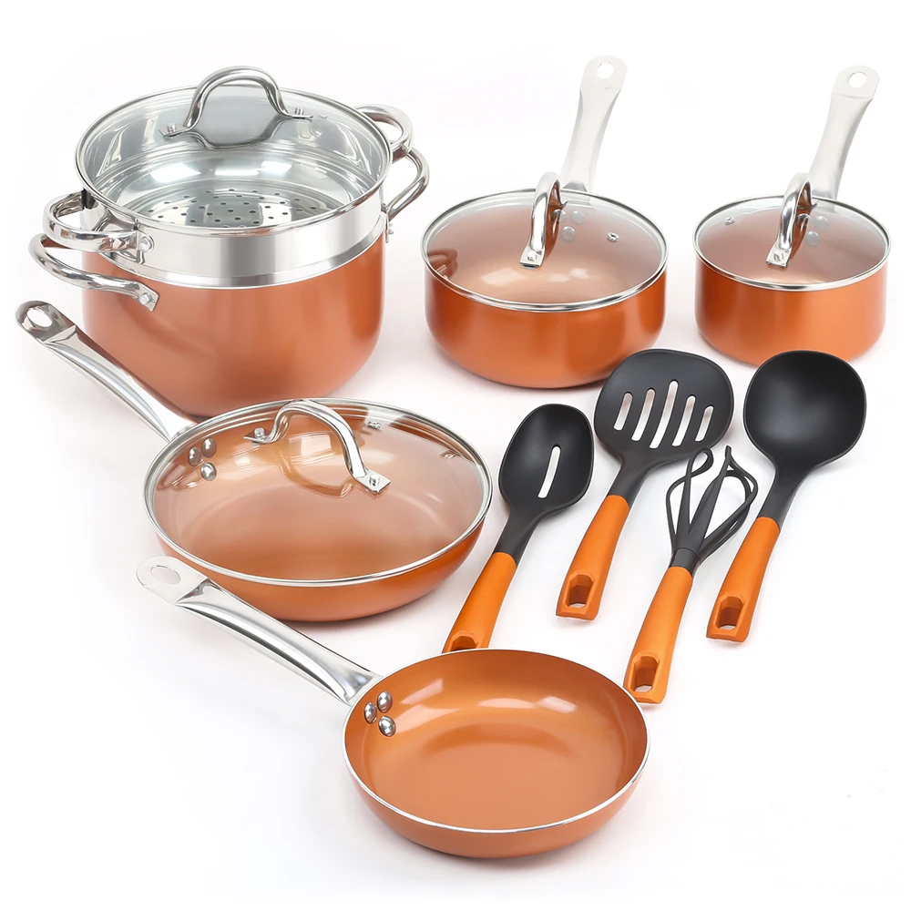 

14 pieces Copper Non-stick Frying Pans Cooking Pots and Pans with Ceramic and Induction Cookware Set Kitchen Set