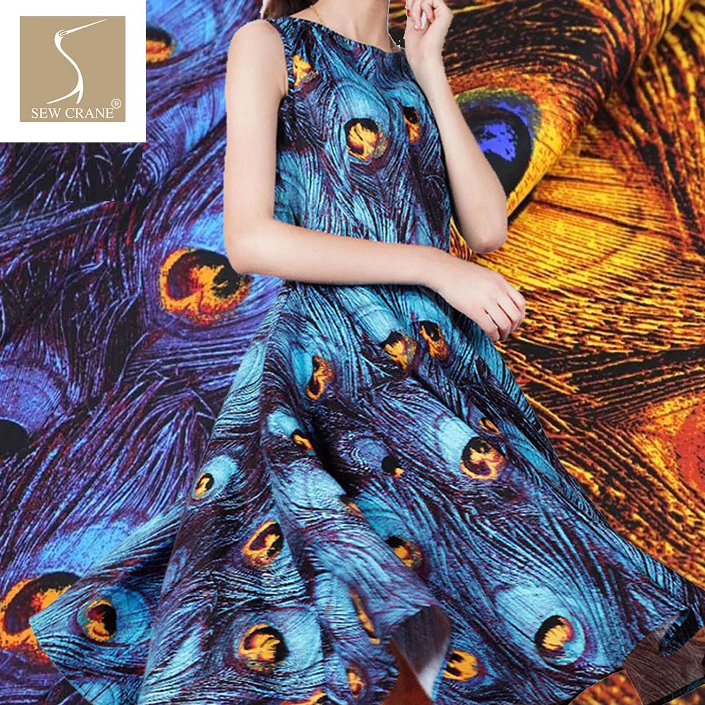 

SewCrane 148cm Wide Royal Blue Peacock Feather Iridescent Gold Print 100% Cotton Fabric Apparel Fabric By The Meter