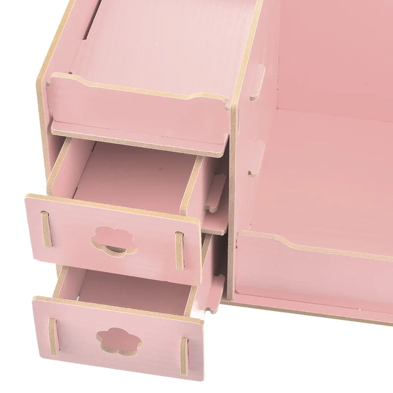 Настольный ящик для хранения Корейский Деревянный DIY косметический ящик для хранения 25x16x13,5 cm-1 - Цвет: Розовый
