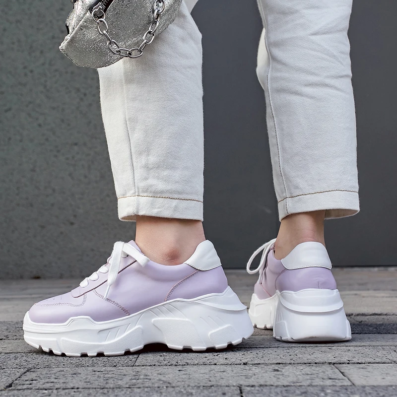 Для женщин кроссовки модная кожаная обувь на платформе фиолетовый повседневная женская обувь 7,5 см