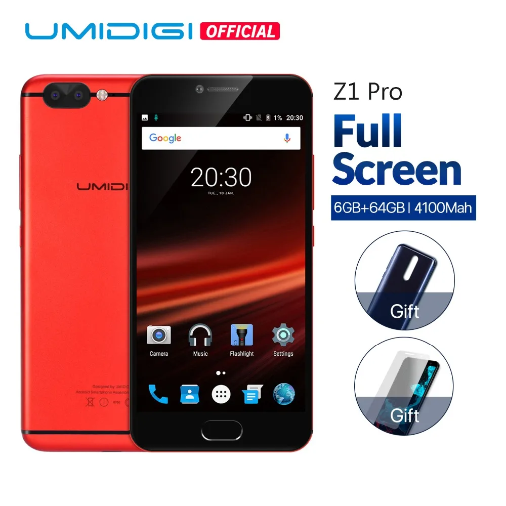 UMIDIGI Z1 Pro 5.5 дюймов Передняя Сенсорный ID Смартфон MTK6757 Android 7.0 сотовые телефоны 6 ГБ +