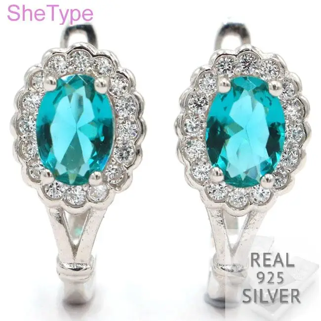 

3.27g Real 925 Solid Sterling Silver Rich Blue Aquamarine Natural CZ Gift For Girls Stud Earrings 12x9mm