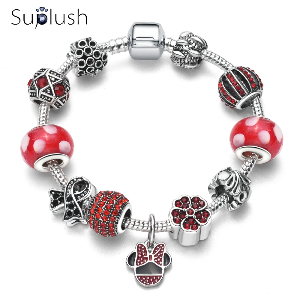 Suplush новый серебряный браслет и с красным хрустальным шариком браслеты для