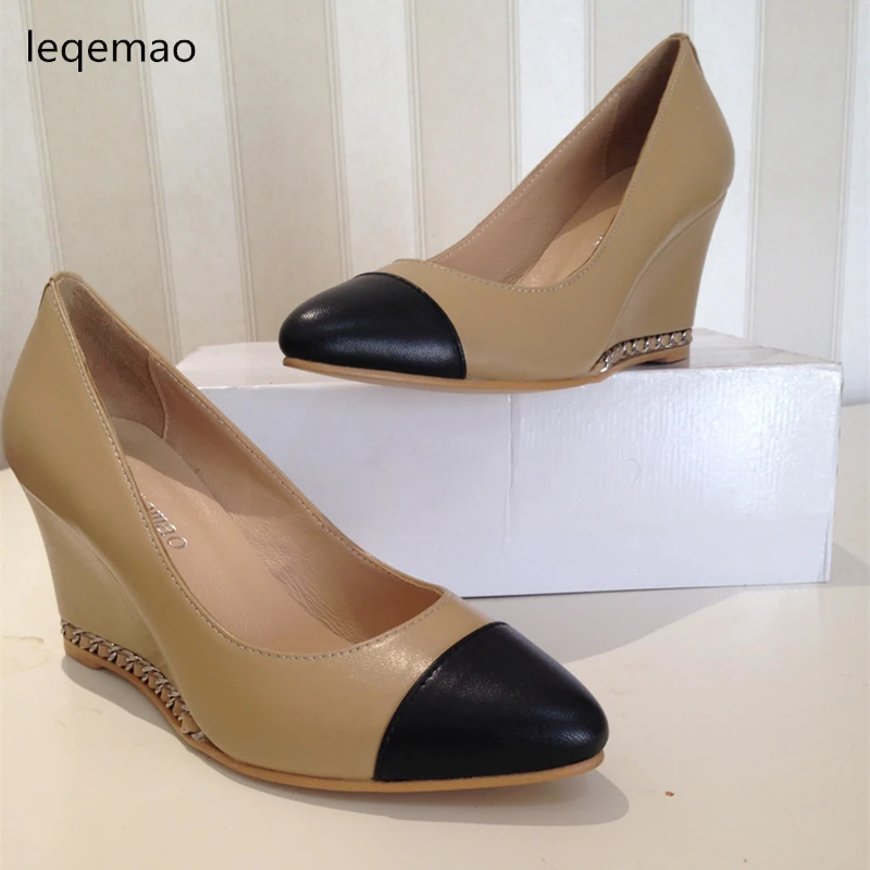 Fashion Spring Autumn Office Lady Pump Shoes Genuine Leather Chain High Quality Sexy Pointed Toe Party Wedges Shoes Size 35-40
