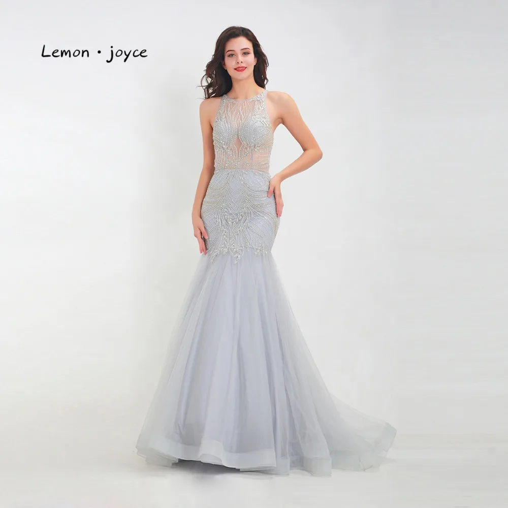 

Lemon joyce Formal Evening Dresses Mermaid Long 2019 Luxury O-neck Sleeveless Beading Illusion Floor length Party Gown Plus Size
