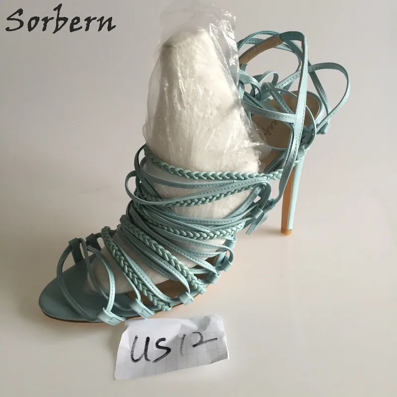 

Sorbern In Stock US12=EU43 Light Blue Women Sandals Shoes 2018 Summer Lace Up Shoes Sandals Designer Dhoes Women Luxury