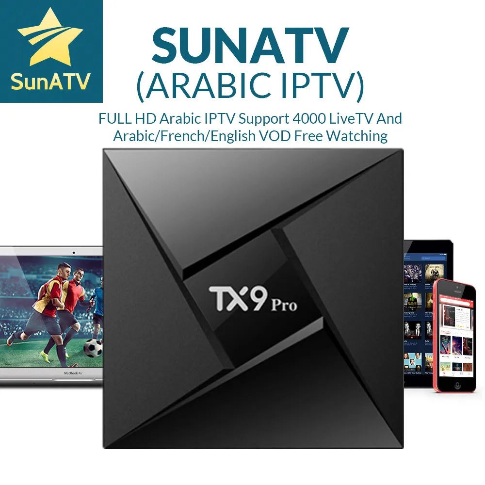 

SUNATV IPTV1 Year included Tanix TX9 Pro Amlogic S912 Set top Box Android 7.1 3G/32G 4000Channels configured France Arab dutch