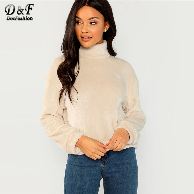 

Dotfashion Apricot High Neck Faux Fur Pullover Women Casual 2019 Autumn Winter Plain Clothing Female Long Sleeve Sweatshirt