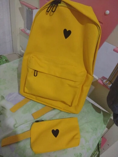 Moon Wood High Quality Canvas Printed Heart Yellow Backpack Korean Style Students Travel Bag Girls School Bag Laptop Backpack photo review