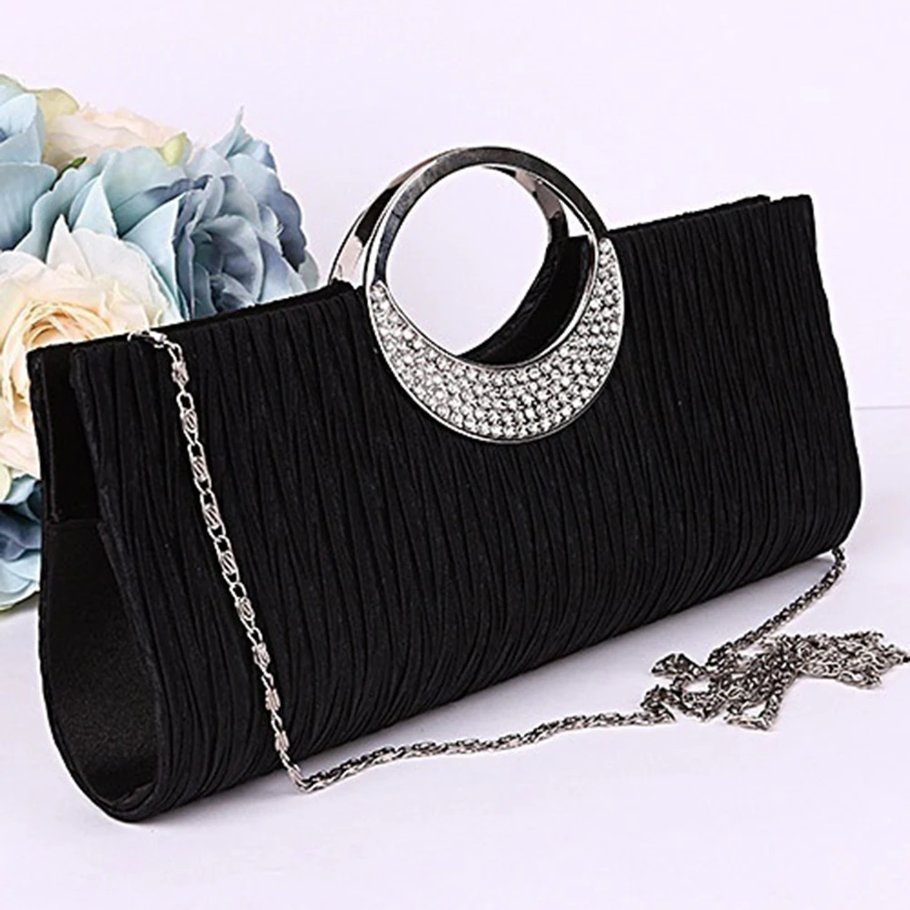 

Women Luxury Rhinestone Satin Pleated Evening Bag Party Clutch Purse Handbag